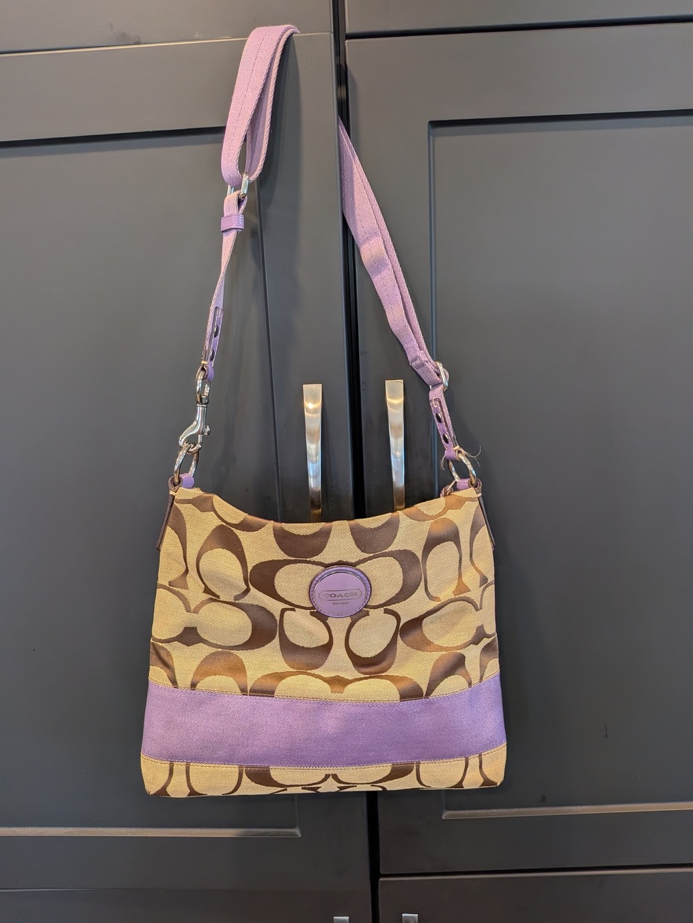 Coach Signature Canvas Shoulder Bag with Lavender Trim F17435